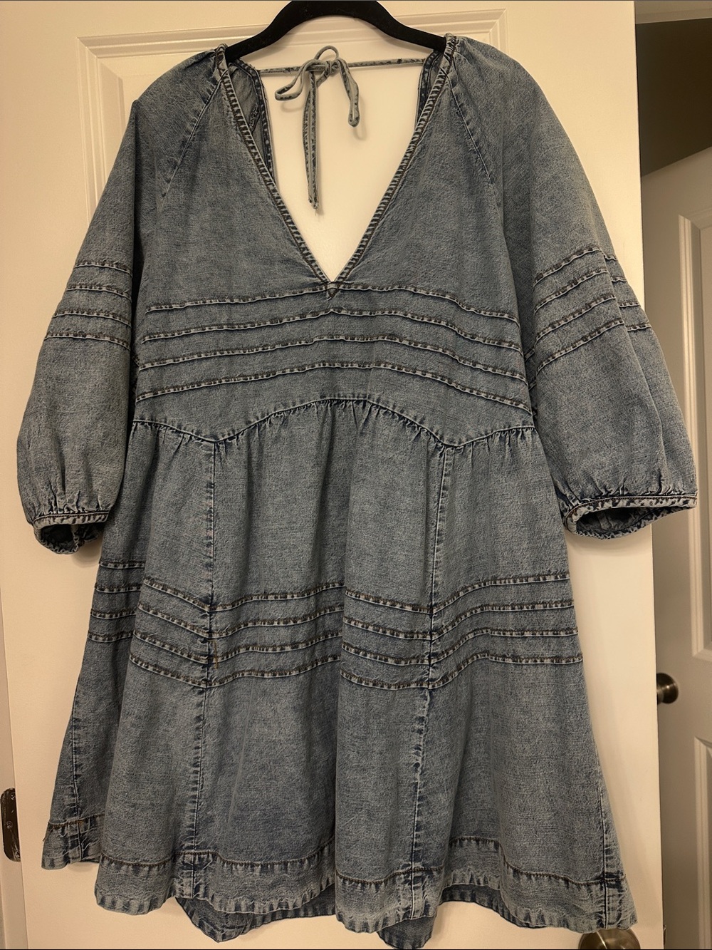Free People Denim V-Neck Babydoll Dress in Light Blue